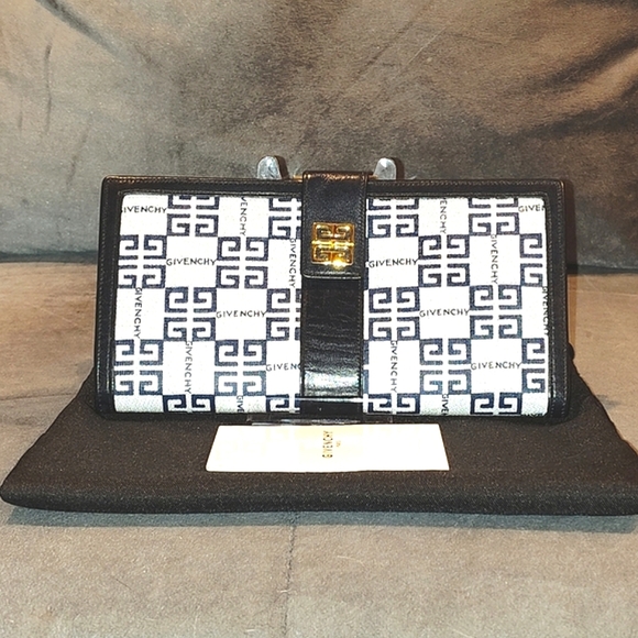 GIVENCHY NAVY BLUE LEATHER & WHITE PVC BI-FOLD SECRETARY LONG WALLET & DUSTBAG - Picture 12 of 15